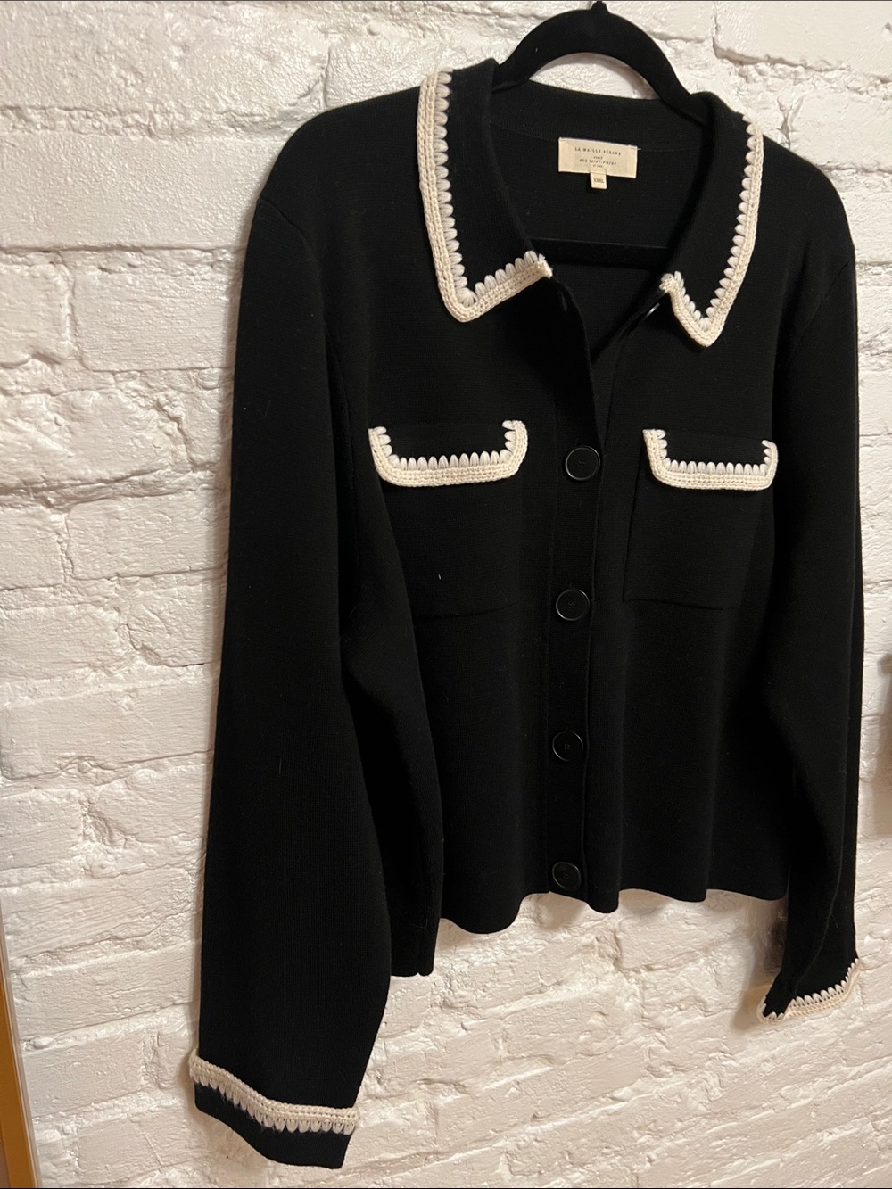 Sezane Black Cropped Cardigan with Cream Trim - Picture 3 of 5